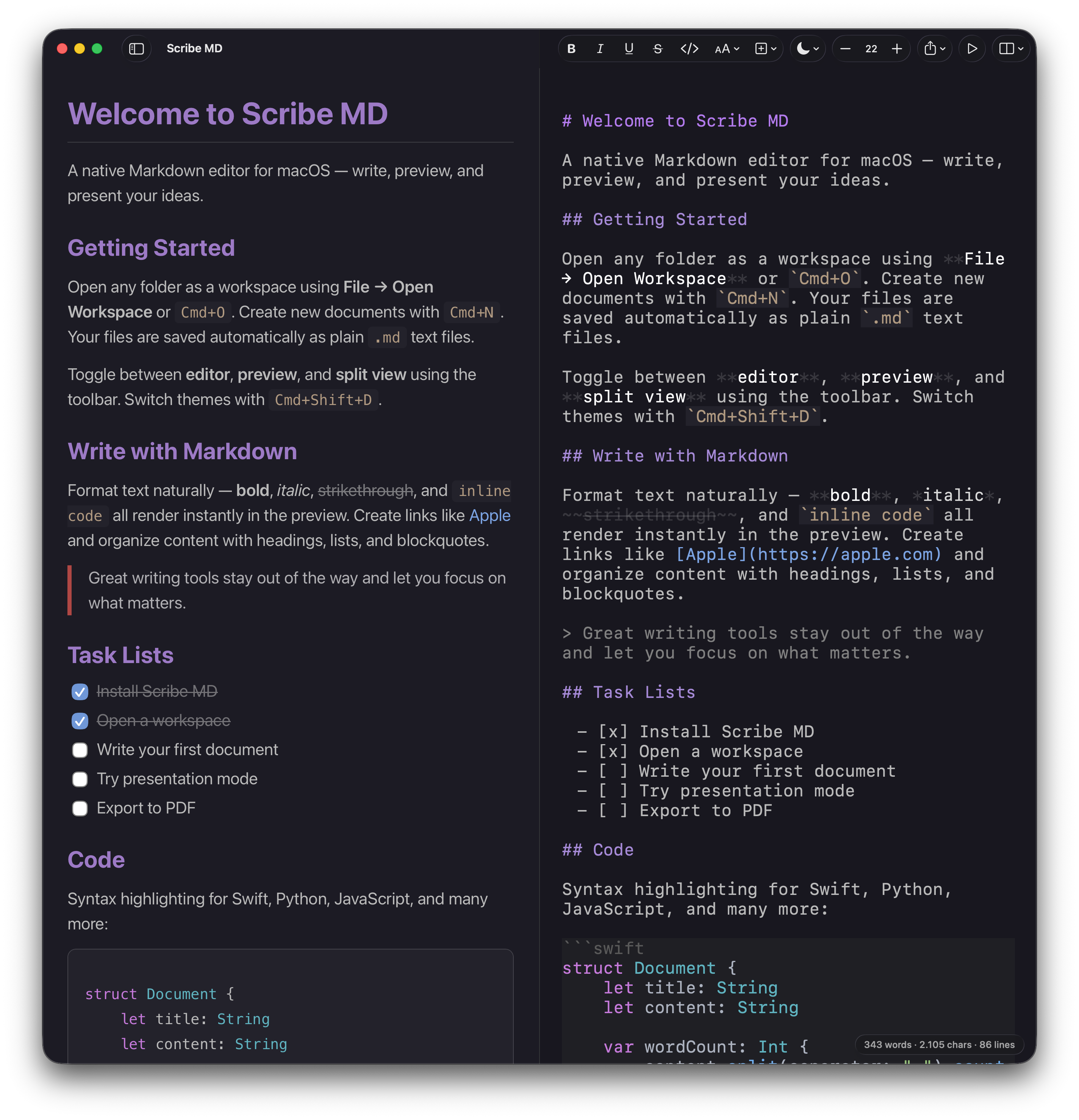 Scribe MD — split view with live preview and Markdown editor