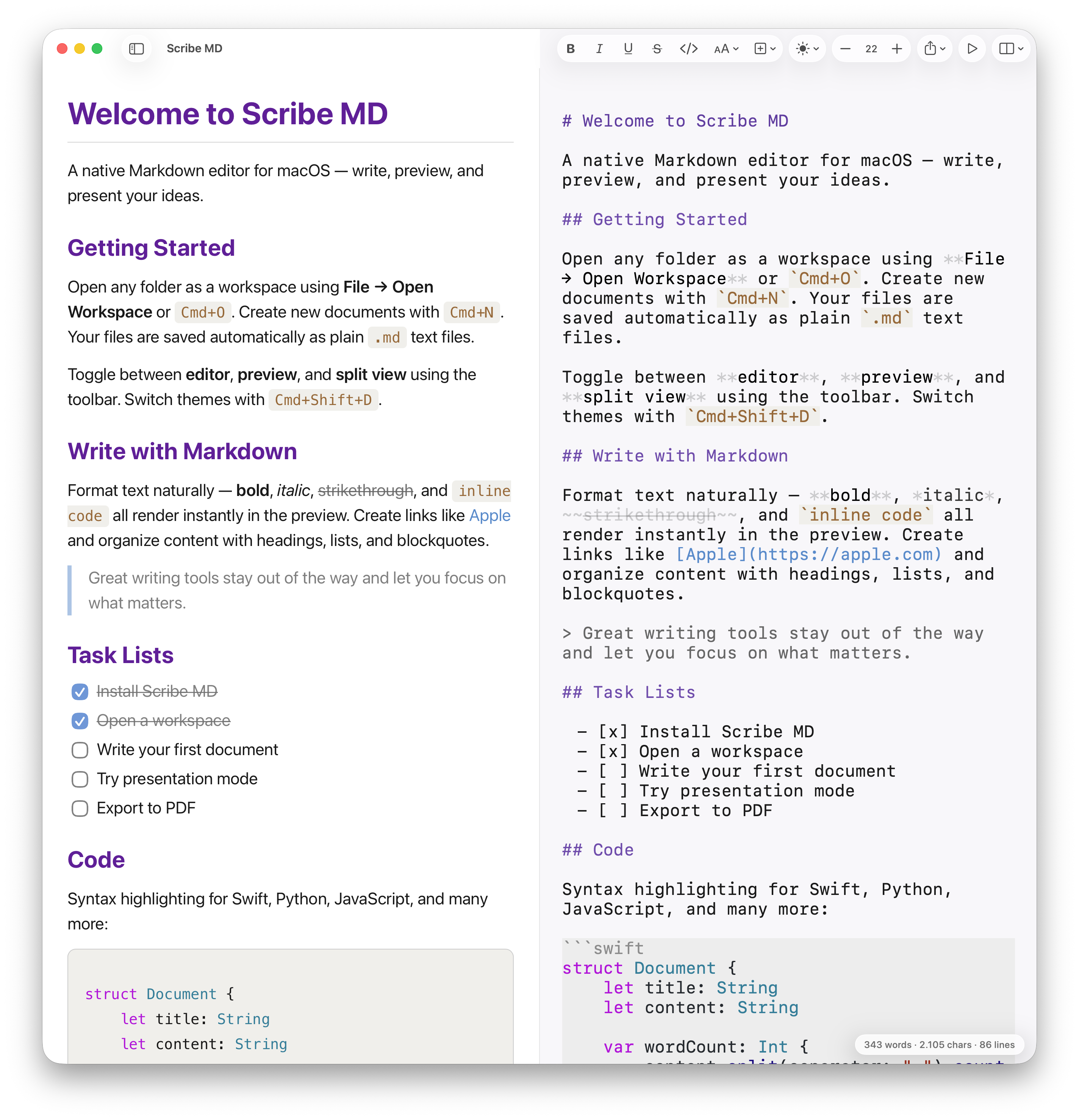 Scribe MD — split view with live preview and Markdown editor
