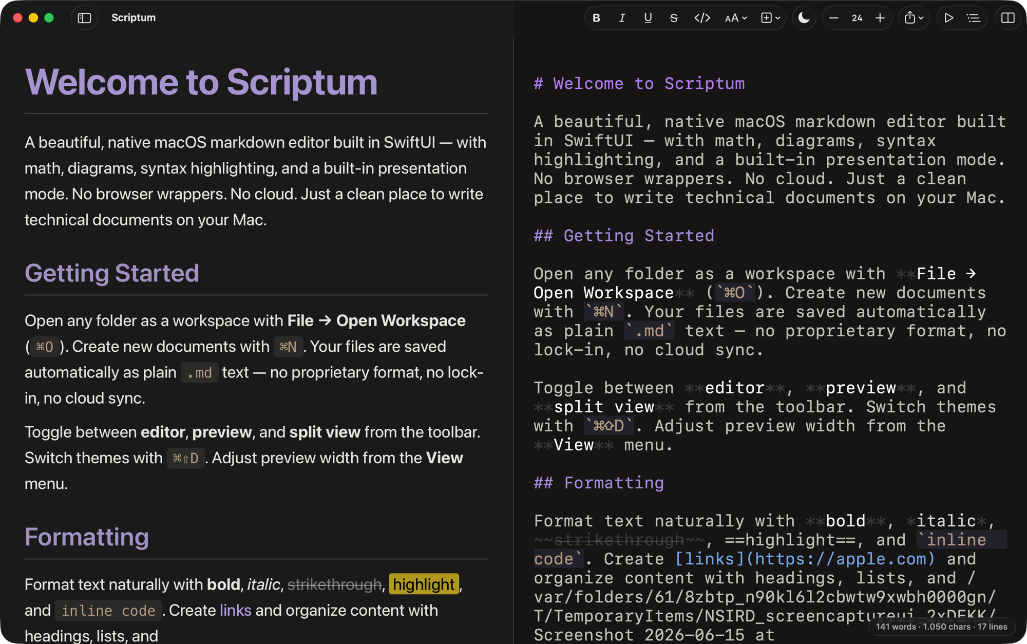 Scriptum, split view with live preview and Markdown editor
