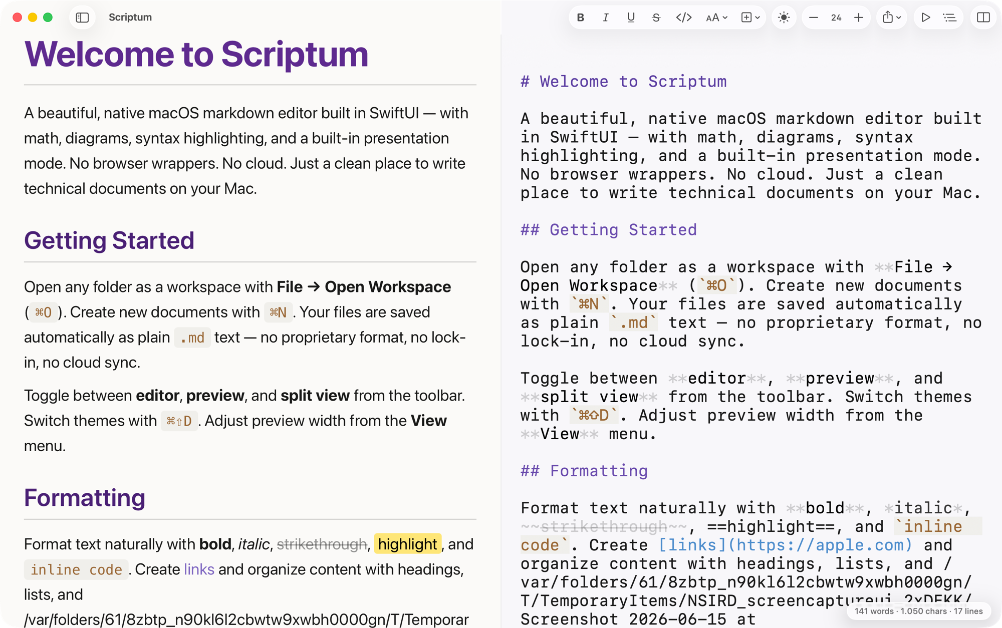 Scriptum, split view with live preview and Markdown editor